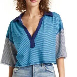 Free People We‎ The Free Blue Striped On A Boat Crop Polo Top